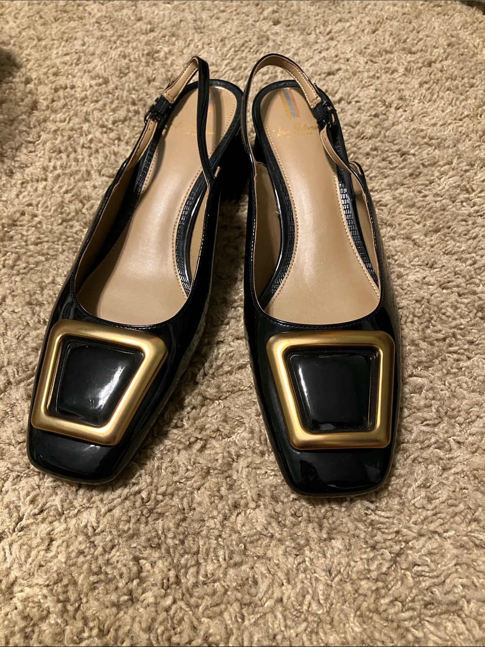 Sam Edelman Black Patent Slingback Mules with Gold Accent